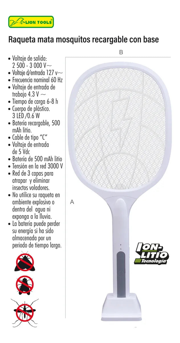 Raqueta mata mosquitos recargable con base.