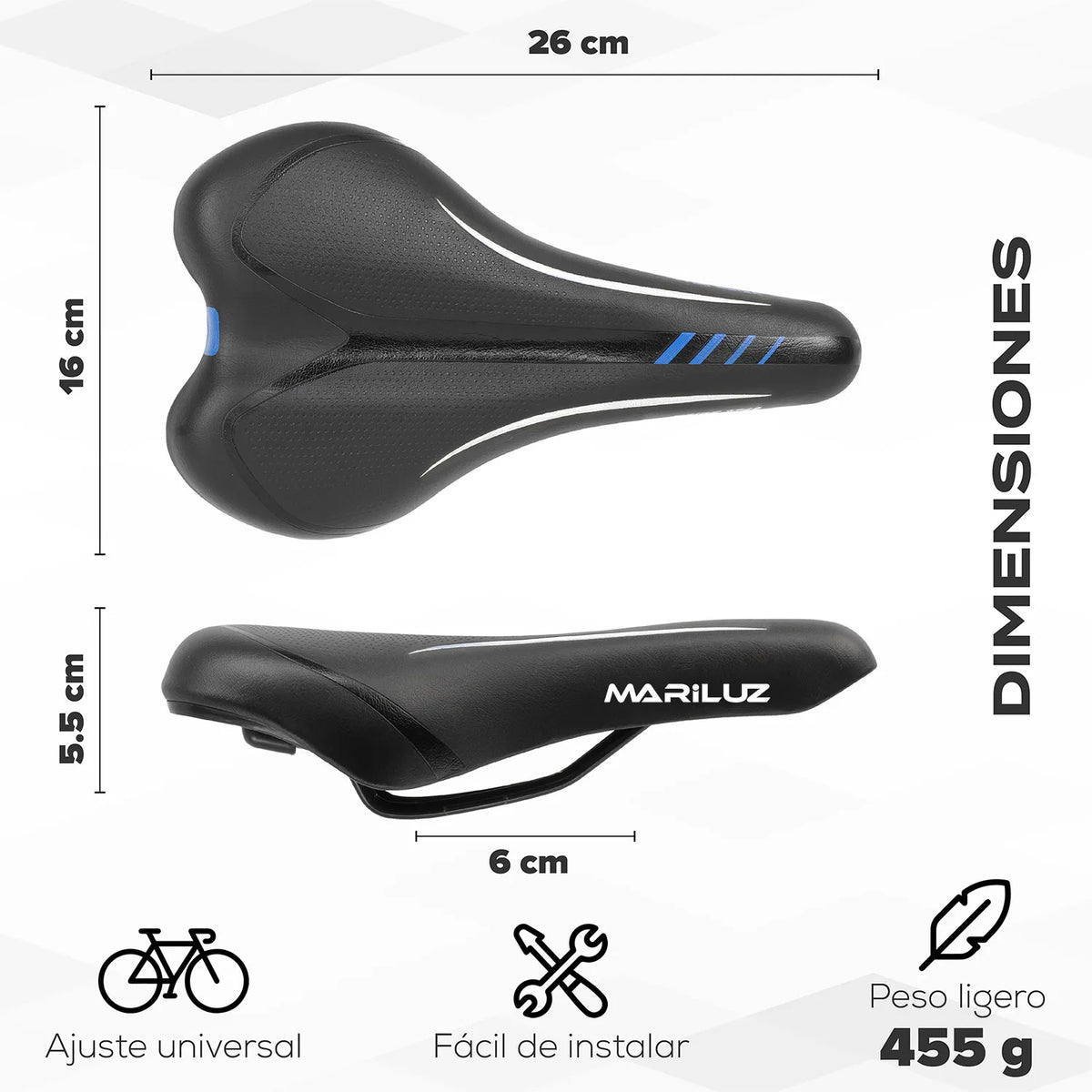 Asiento para Bicicleta MTB / Confort Mariluz TL-2047 (Negro con Vivos Azules)