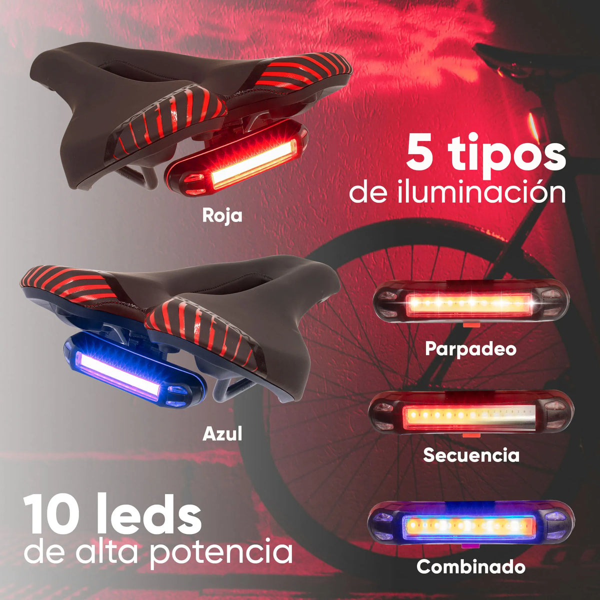 Asiento para Bicicleta Urbana / City Mariluz WL-122/E con Gel, Luz LED Trasera y Diseño Prostático (Negro con Vivos Rojos)