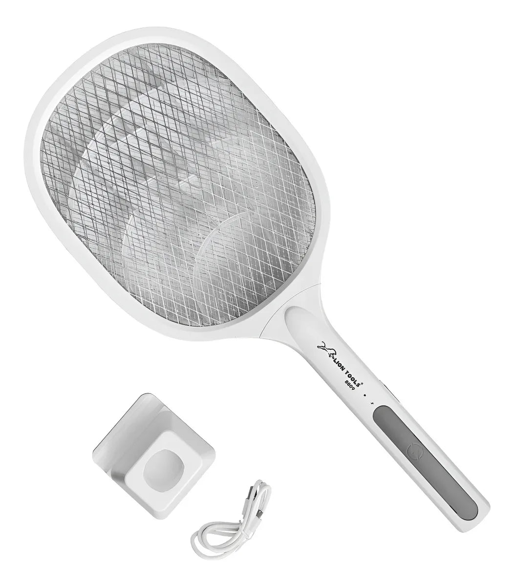 Raqueta mata mosquitos recargable con base.