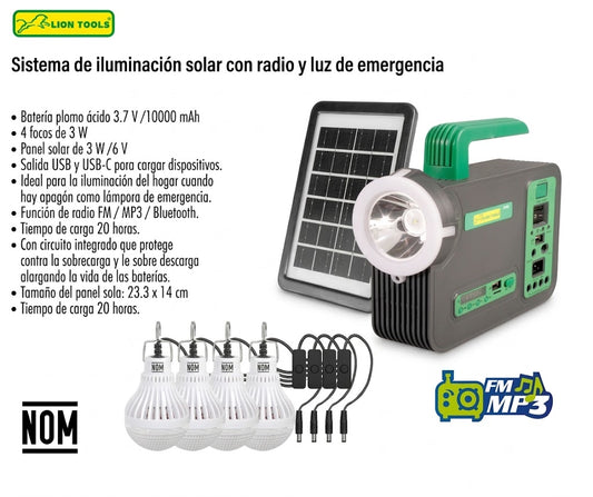 Sistema De Iluminación Solar Portátil | Radio, Bluetooth Y 5 Focos de 3W