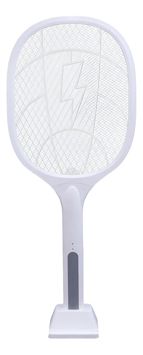 Raqueta mata mosquitos recargable con base.